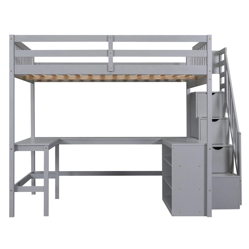 Full Size Pine Wood Loft Bed with Built-in L-Shaped Desk and Three-Tier Storage Shelves, and Attached Storage Staircase