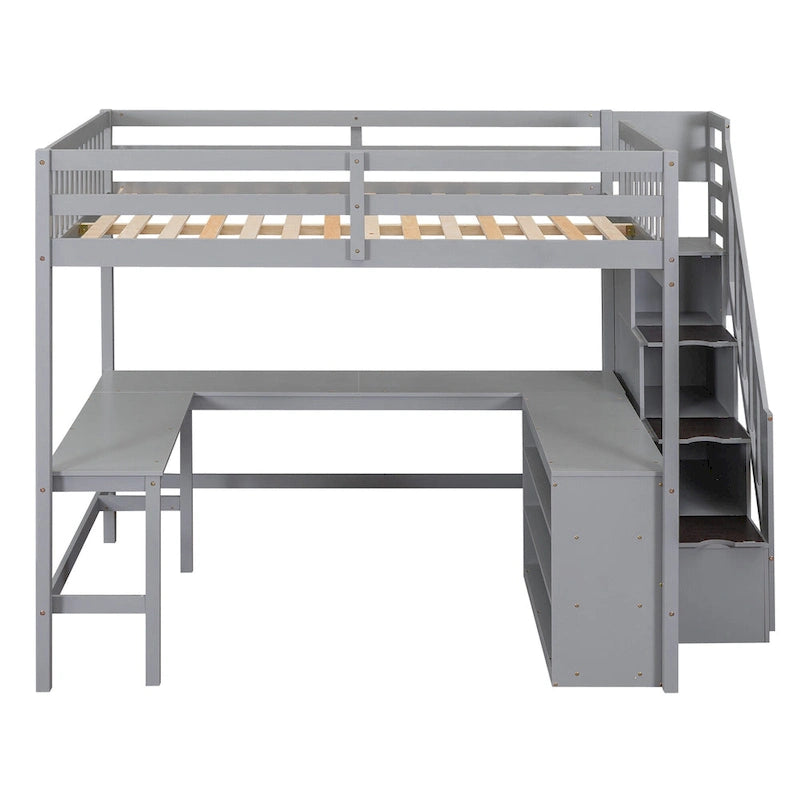 Full Size Pine Wood Loft Bed with Built-in L-Shaped Desk and Three-Tier Storage Shelves, and Attached Storage Staircase