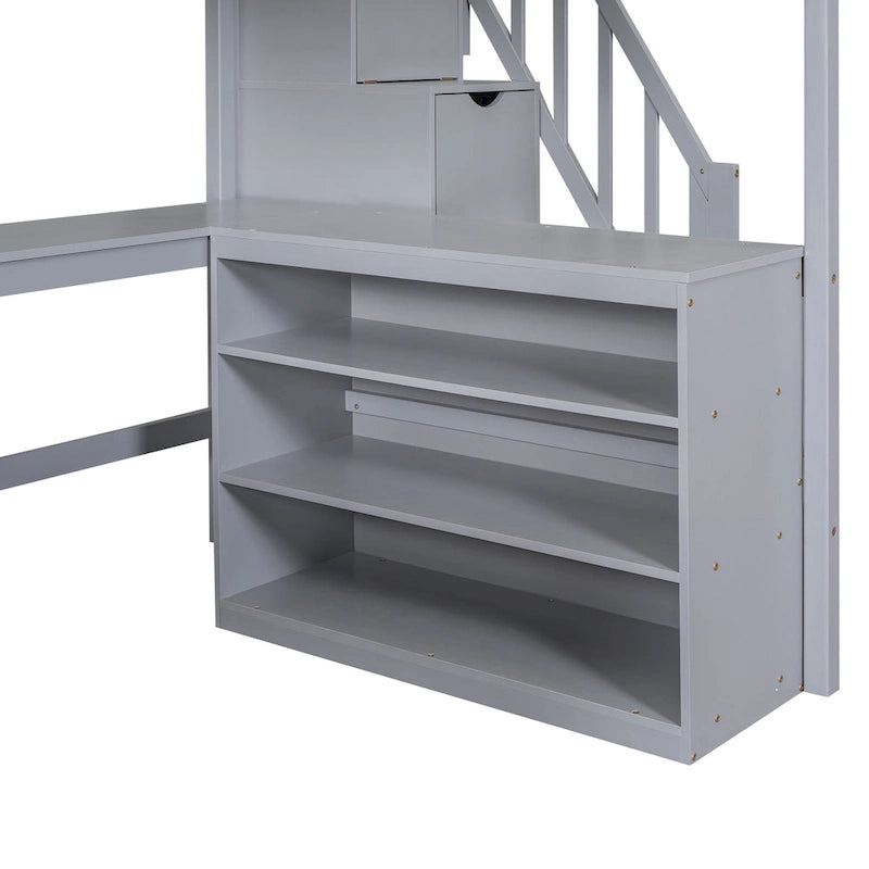 Full Size Pine Wood Loft Bed with Built-in L-Shaped Desk and Three-Tier Storage Shelves, and Attached Storage Staircase