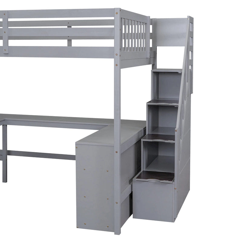 Full Size Pine Wood Loft Bed with Built-in L-Shaped Desk and Three-Tier Storage Shelves, and Attached Storage Staircase