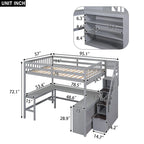 Full Size Pine Wood Loft Bed with Built-in L-Shaped Desk and Three-Tier Storage Shelves, and Attached Storage Staircase