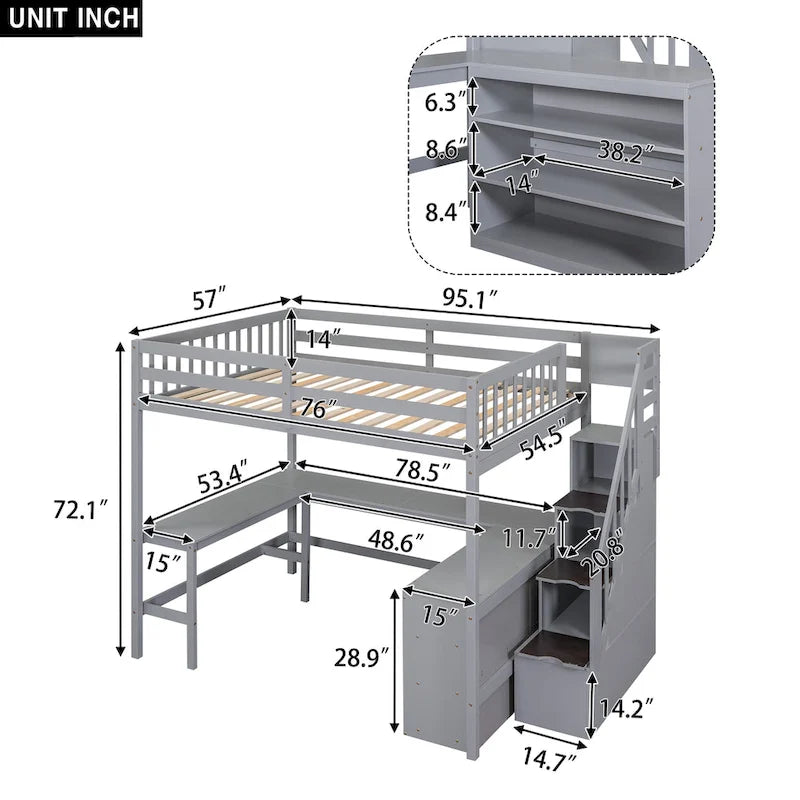 Full Size Pine Wood Loft Bed with Built-in L-Shaped Desk and Three-Tier Storage Shelves, and Attached Storage Staircase