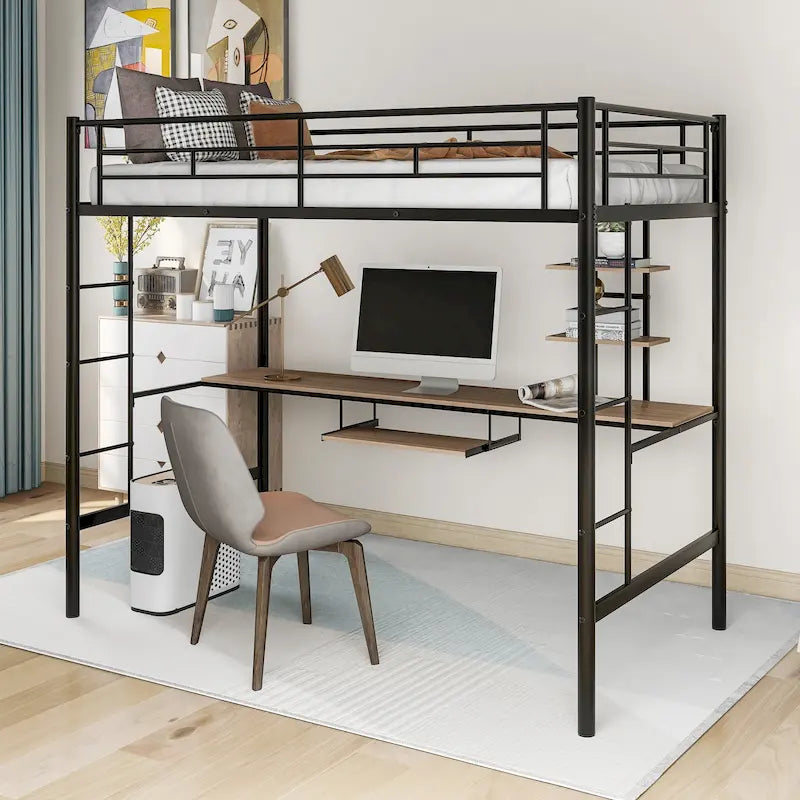 Twin Size Metal Loft Bed with Desk and Shelf , Space Saving Design for Kids, Bedroom