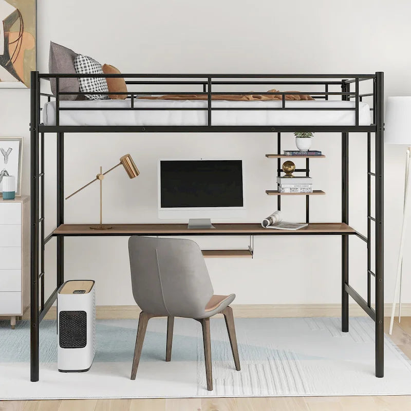 Twin Size Metal Loft Bed with Desk and Shelf , Space Saving Design for Kids, Bedroom
