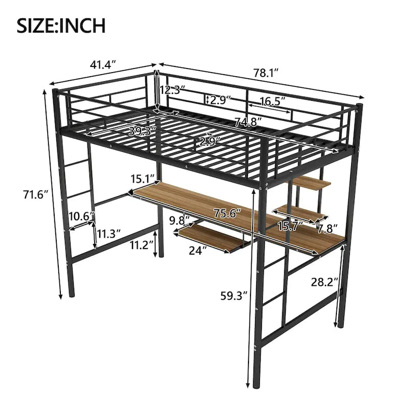 Twin Size Metal Loft Bed with Desk and Shelf , Space Saving Design for Kids, Bedroom