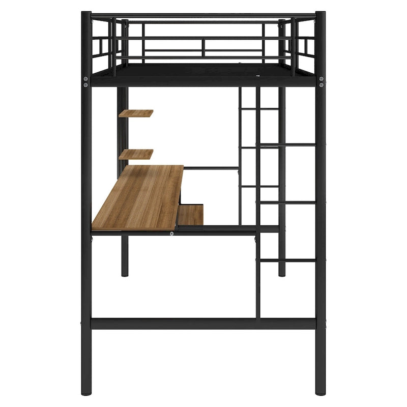Twin Size Metal Loft Bed with Desk and Shelf , Space Saving Design for Kids, Bedroom