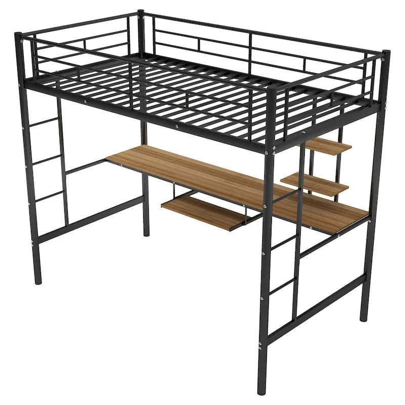 Twin Size Metal Loft Bed with Desk and Shelf , Space Saving Design for Kids, Bedroom