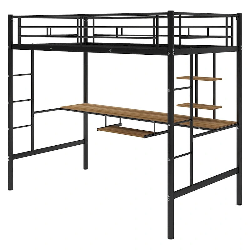 Twin Size Metal Loft Bed with Desk and Shelf , Space Saving Design for Kids, Bedroom