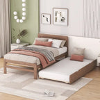 Brown Wood Twin Size Platform Bed Frame with Trundle, Rubberwood & Plywood Construction, Modern Design, Space-saving