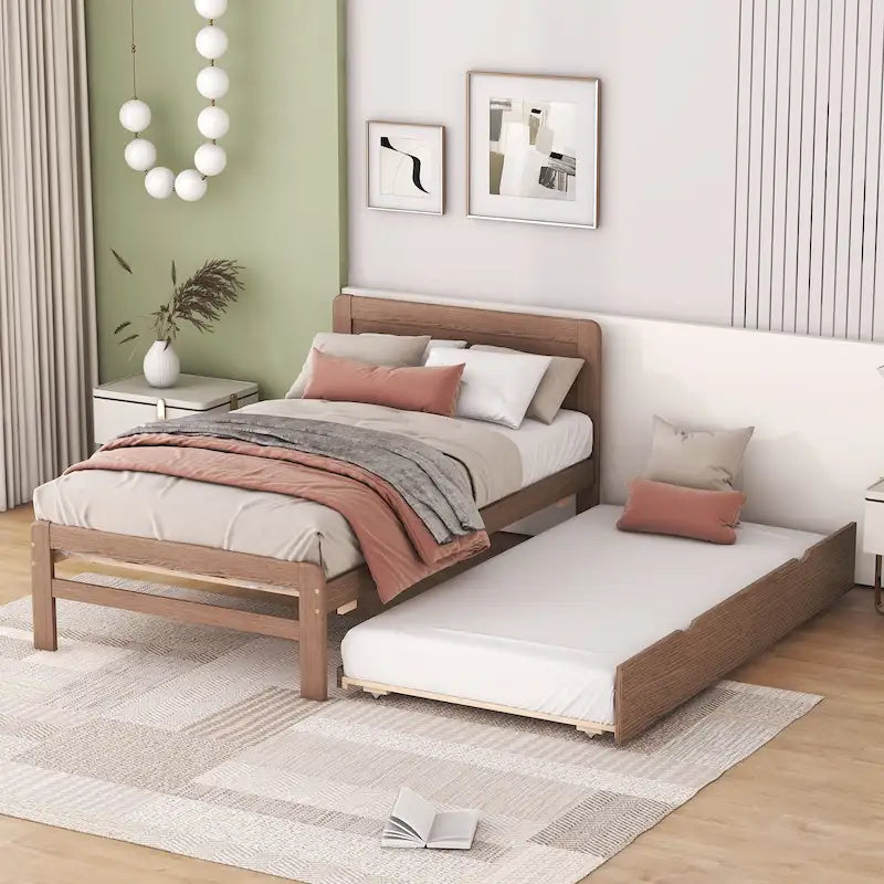 Brown Wood Twin Size Platform Bed Frame with Trundle, Rubberwood & Plywood Construction, Modern Design, Space-saving
