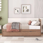Brown Wood Twin Size Platform Bed Frame with Trundle, Rubberwood & Plywood Construction, Modern Design, Space-saving