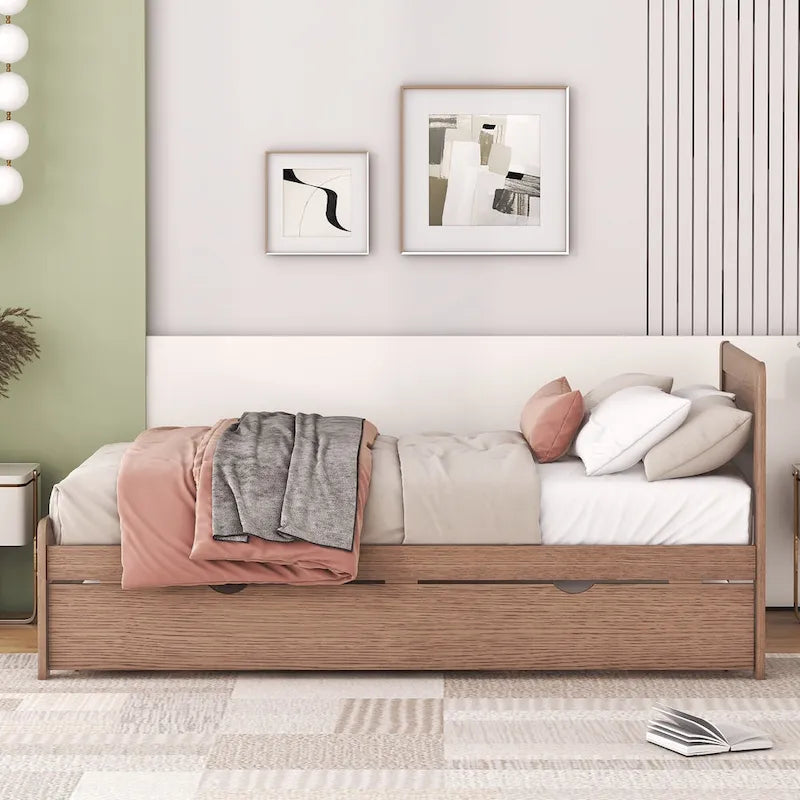 Brown Wood Twin Size Platform Bed Frame with Trundle, Rubberwood & Plywood Construction, Modern Design, Space-saving