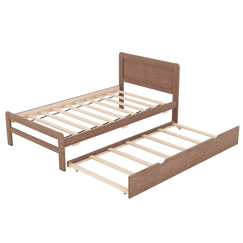 Brown Wood Twin Size Platform Bed Frame with Trundle, Rubberwood & Plywood Construction, Modern Design, Space-saving