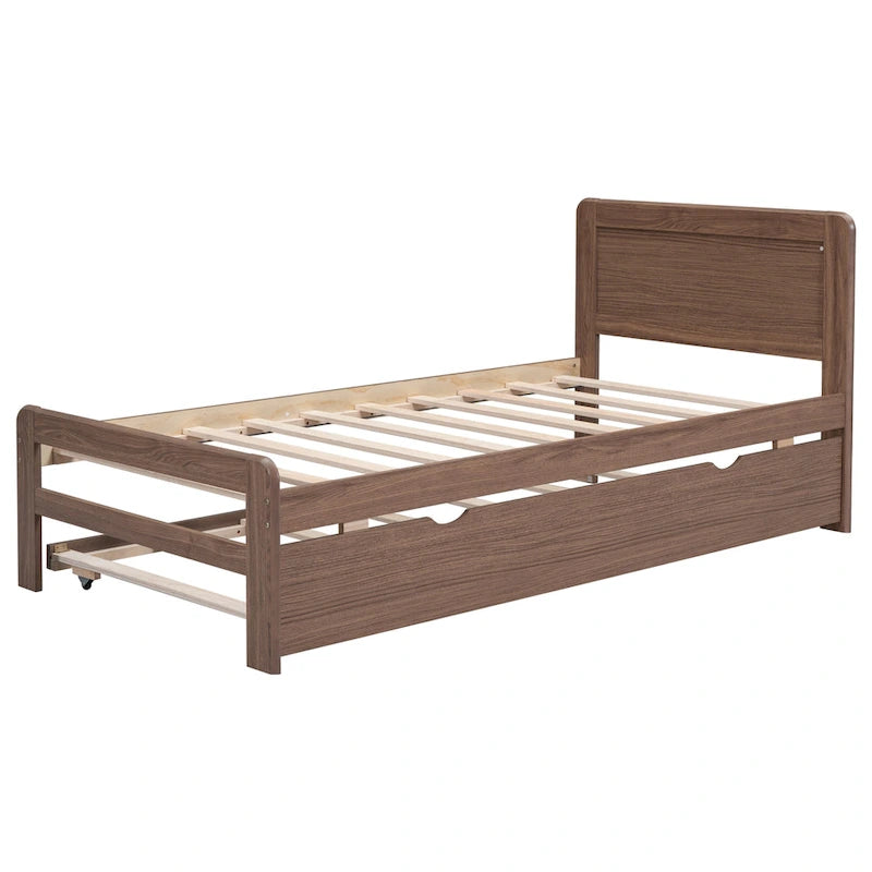 Brown Wood Twin Size Platform Bed Frame with Trundle, Rubberwood & Plywood Construction, Modern Design, Space-saving