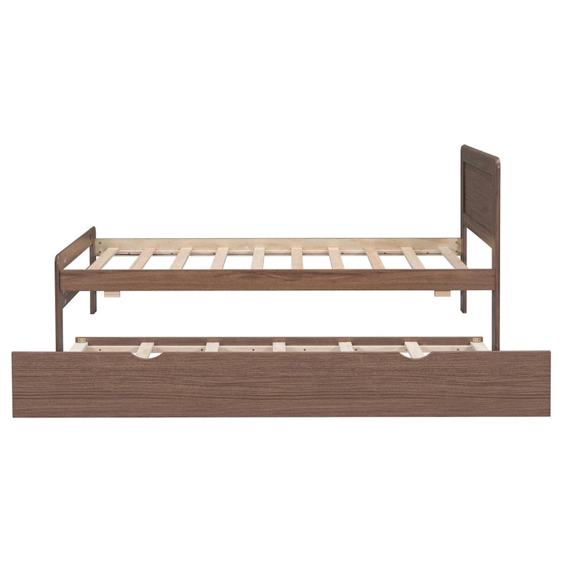 Brown Wood Twin Size Platform Bed Frame with Trundle, Rubberwood & Plywood Construction, Modern Design, Space-saving