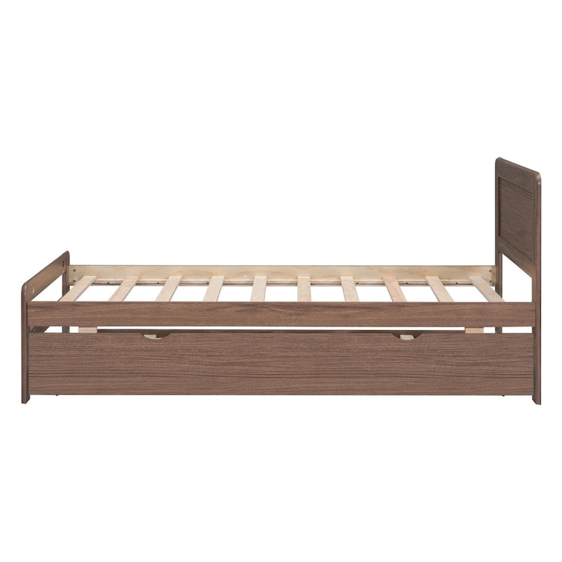 Brown Wood Twin Size Platform Bed Frame with Trundle, Rubberwood & Plywood Construction, Modern Design, Space-saving
