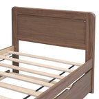 Brown Wood Twin Size Platform Bed Frame with Trundle, Rubberwood & Plywood Construction, Modern Design, Space-saving