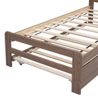 Brown Wood Twin Size Platform Bed Frame with Trundle, Rubberwood & Plywood Construction, Modern Design, Space-saving
