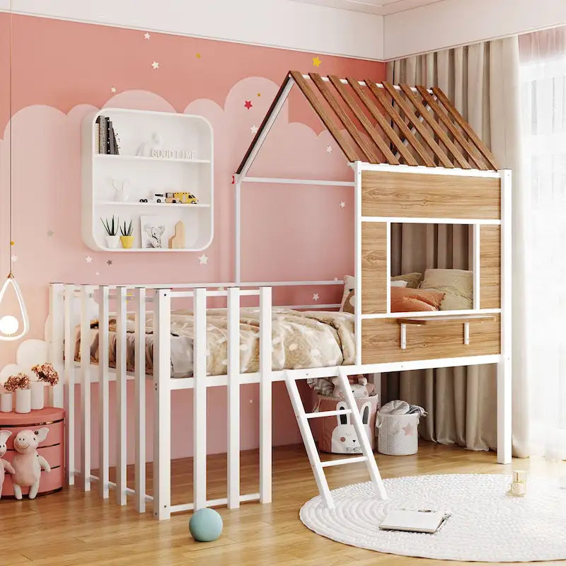 Twin Size Metal Loft Bed with Roof, Window, Guardrail, and Ladder