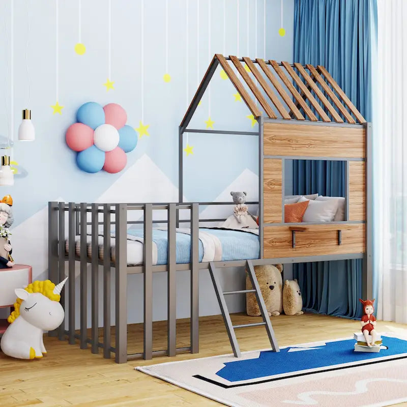 Twin Size Metal Loft Bed with Roof, Window, Guardrail, and Ladder
