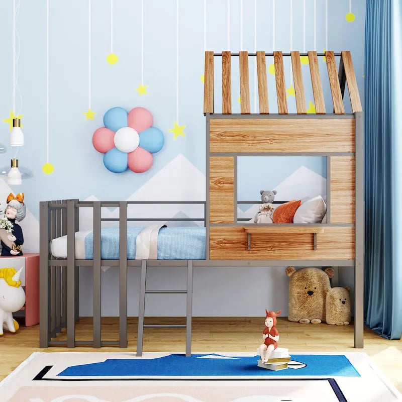 Twin Size Metal Loft Bed with Roof, Window, Guardrail, and Ladder