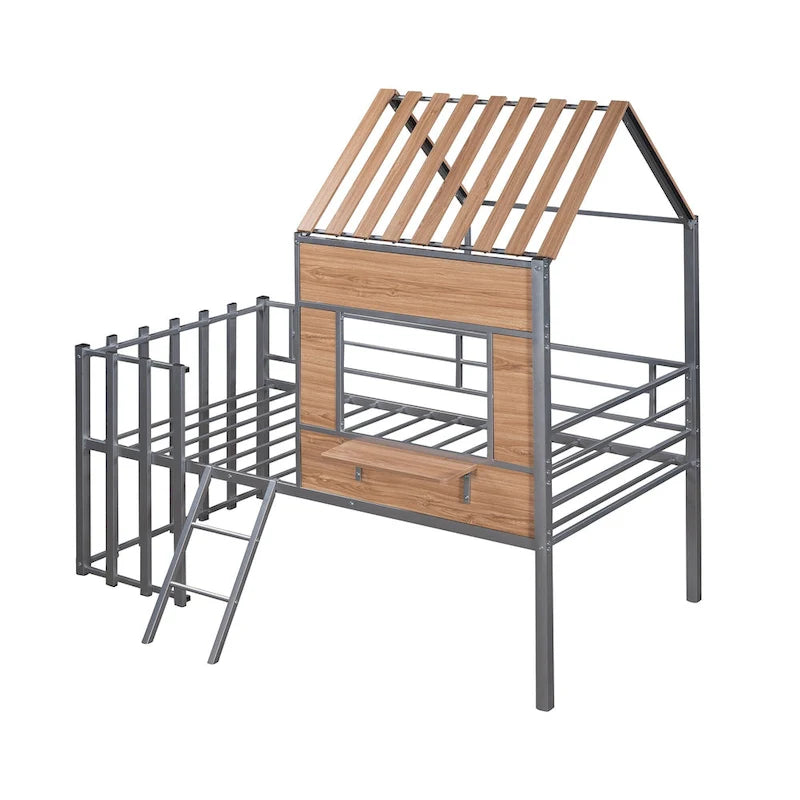 Twin Size Metal Loft Bed with Roof, Window, Guardrail, and Ladder