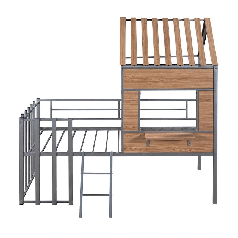 Twin Size Metal Loft Bed with Roof, Window, Guardrail, and Ladder