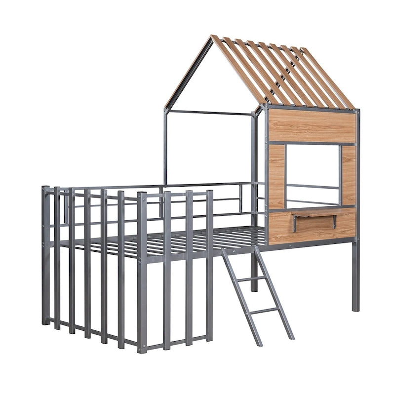 Twin Size Metal Loft Bed with Roof, Window, Guardrail, and Ladder