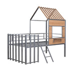 Twin Size Metal Loft Bed with Roof, Window, Guardrail, and Ladder