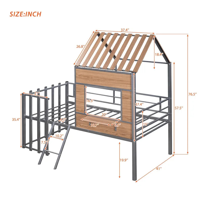 Twin Size Metal Loft Bed with Roof, Window, Guardrail, and Ladder