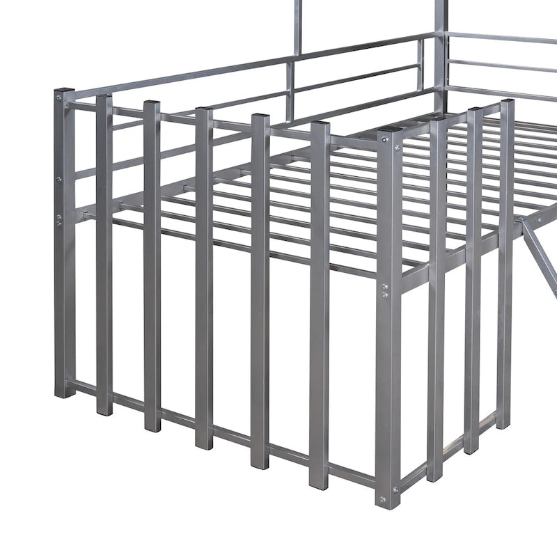 Twin Size Metal Loft Bed with Roof, Window, Guardrail, and Ladder