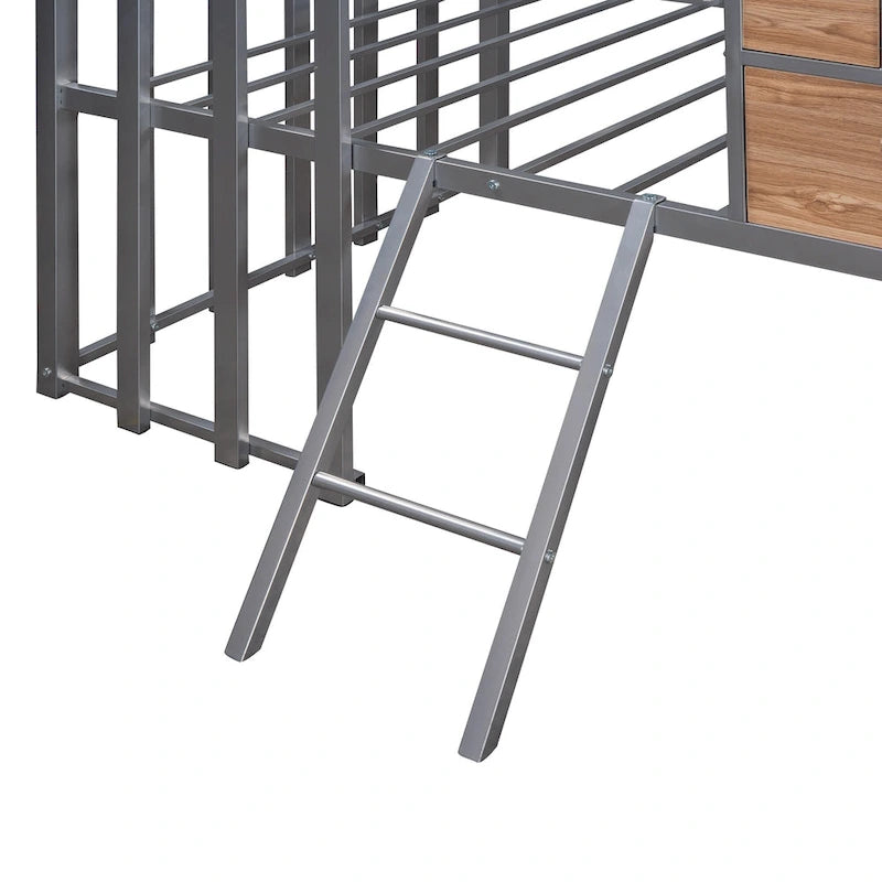 Twin Size Metal Loft Bed with Roof, Window, Guardrail, and Ladder