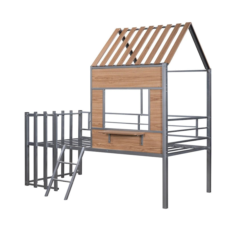 Twin Size Metal Loft Bed with Roof, Window, Guardrail, and Ladder