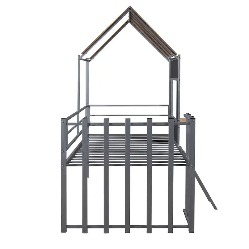 Twin Size Metal Loft Bed with Roof, Window, Guardrail, and Ladder