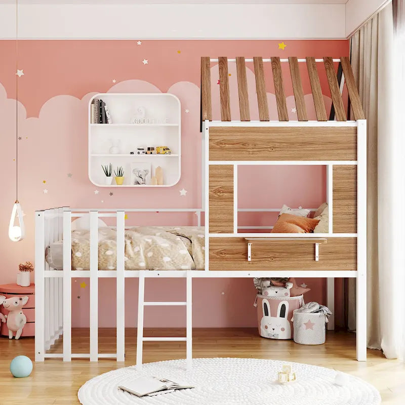 Twin Size Metal Loft Bed with Roof, Window, Guardrail, and Ladder