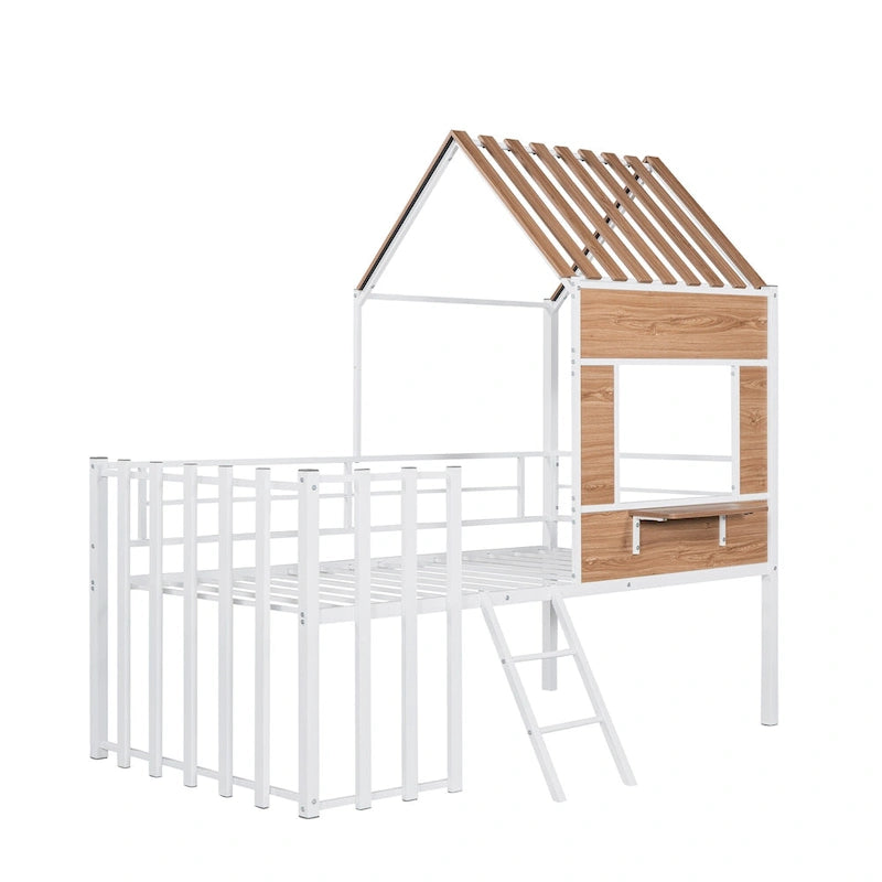 Twin Size Metal Loft Bed with Roof, Window, Guardrail, and Ladder