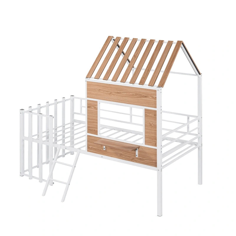 Twin Size Metal Loft Bed with Roof, Window, Guardrail, and Ladder