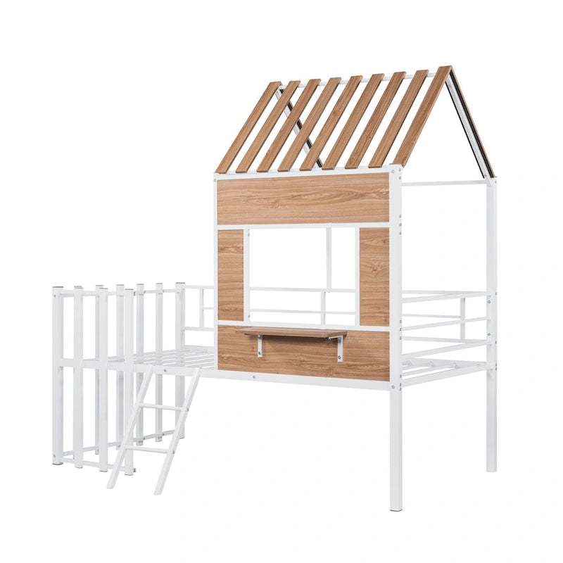 Twin Size Metal Loft Bed with Roof, Window, Guardrail, and Ladder