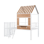 Twin Size Metal Loft Bed with Roof, Window, Guardrail, and Ladder