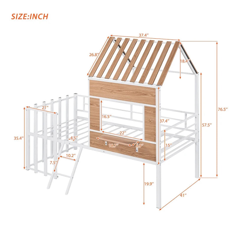 Twin Size Metal Loft Bed with Roof, Window, Guardrail, and Ladder