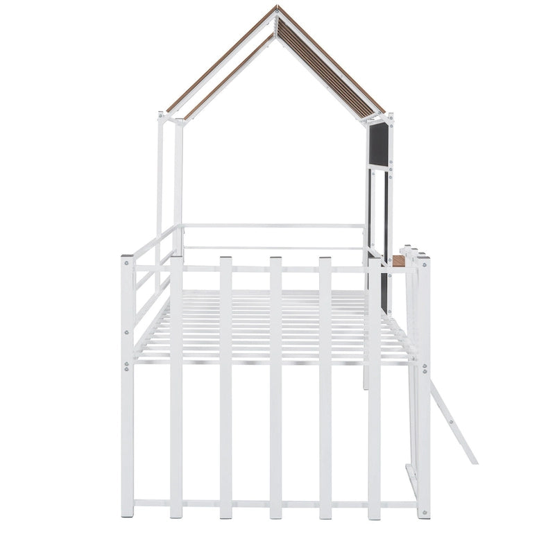 Twin Size Metal Loft Bed with Roof, Window, Guardrail, and Ladder