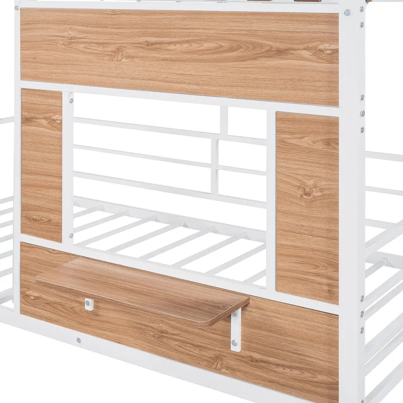 Twin Size Metal Loft Bed with Roof, Window, Guardrail, and Ladder