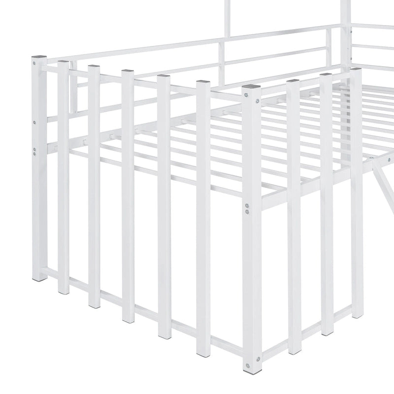 Twin Size Metal Loft Bed with Roof, Window, Guardrail, and Ladder