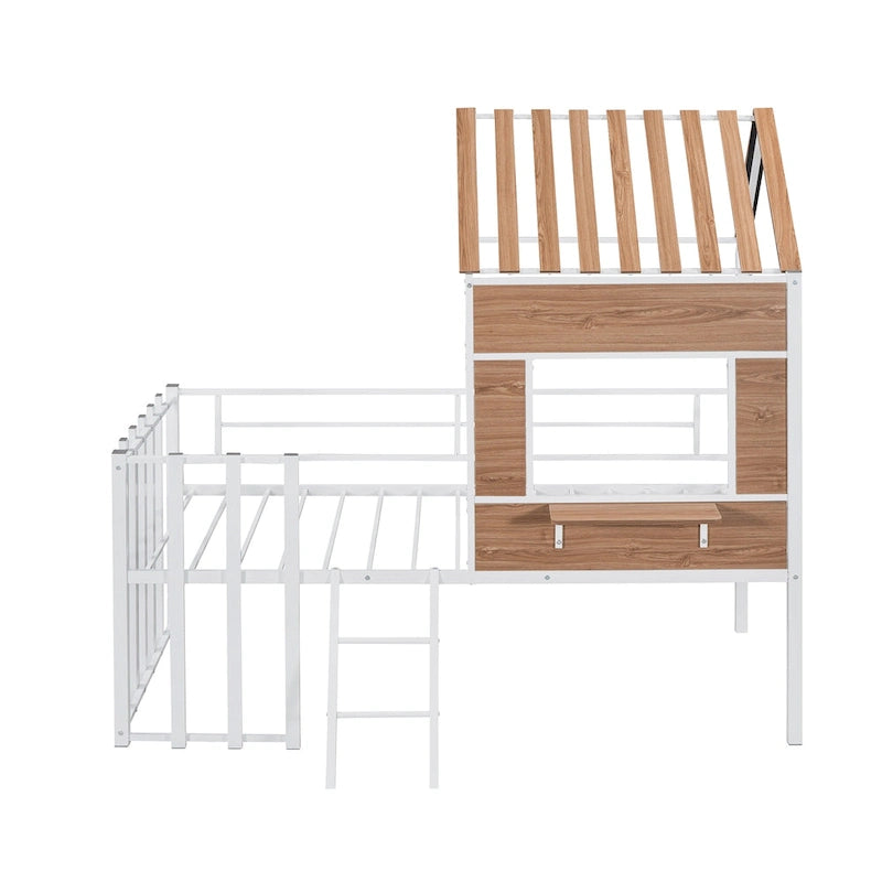 Twin Size Metal Loft Bed with Roof, Window, Guardrail, and Ladder