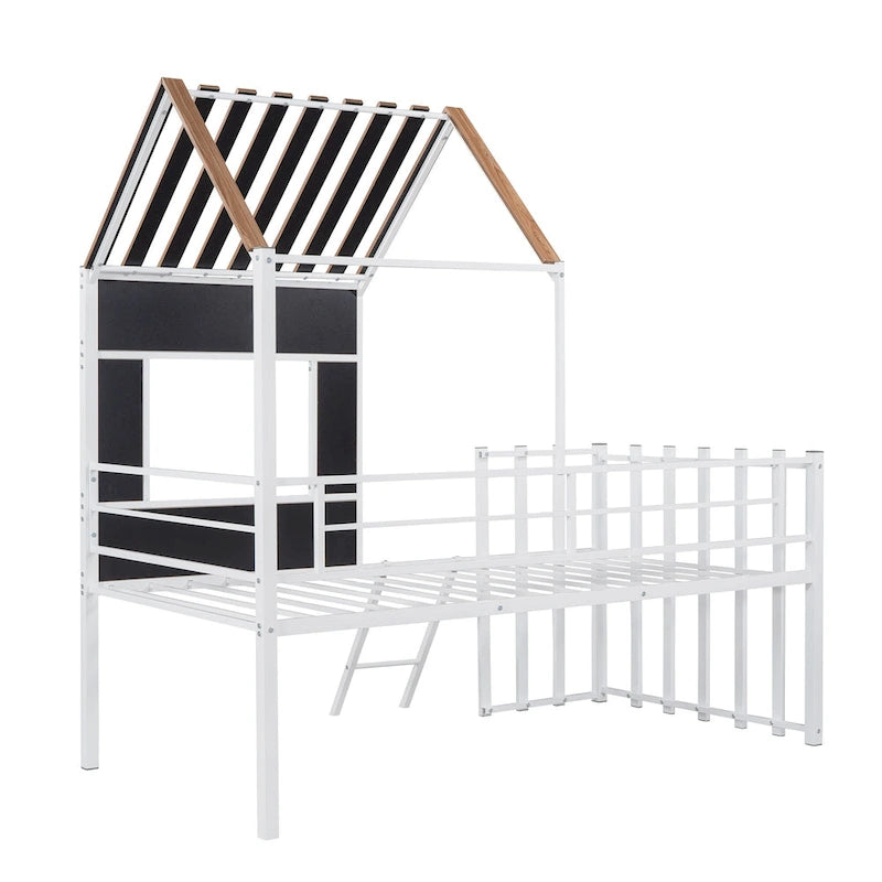 Twin Size Metal Loft Bed with Roof, Window, Guardrail, and Ladder