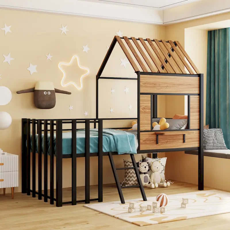 Twin Size Metal Loft Bed with Roof, Window, Guardrail, and Ladder