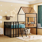 Twin Size Metal Loft Bed with Roof, Window, Guardrail, and Ladder