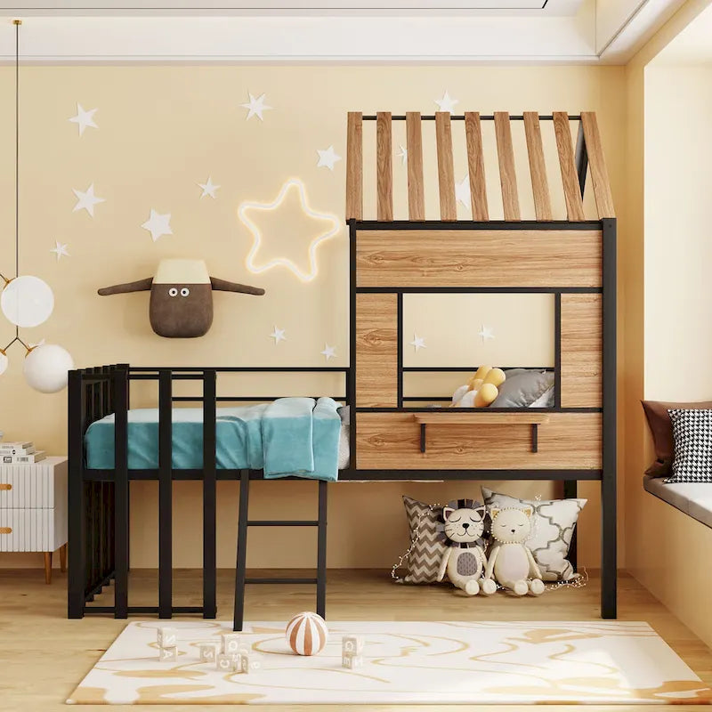 Twin Size Metal Loft Bed with Roof, Window, Guardrail, and Ladder