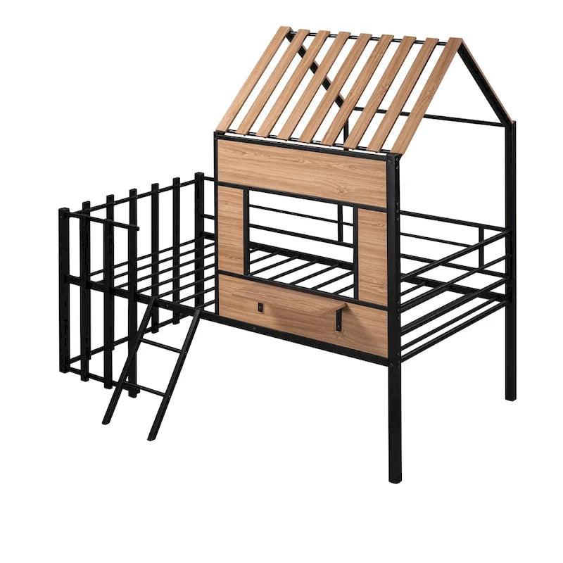 Twin Size Metal Loft Bed with Roof, Window, Guardrail, and Ladder