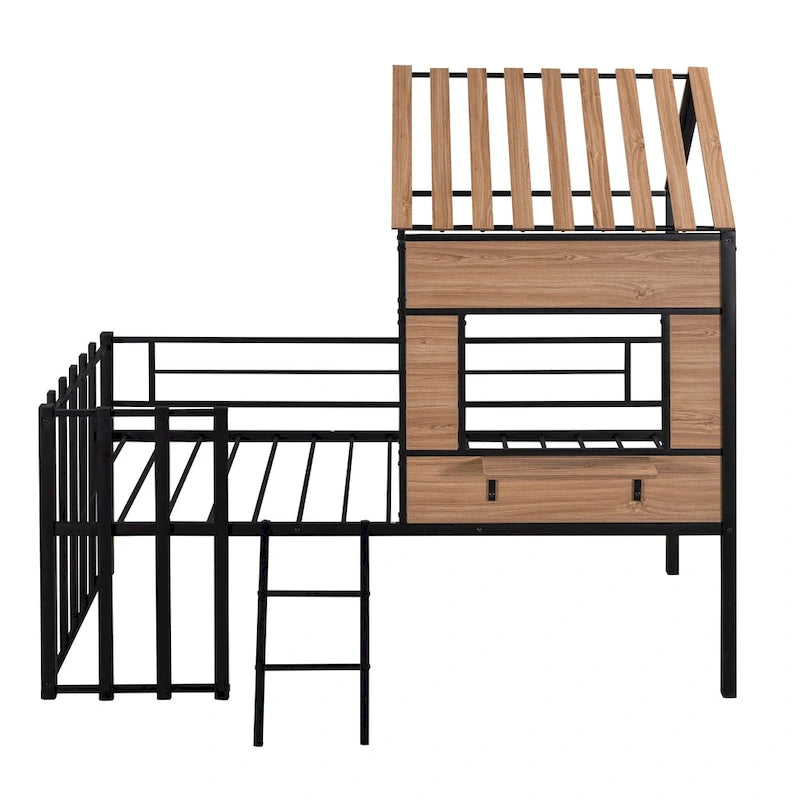 Twin Size Metal Loft Bed with Roof, Window, Guardrail, and Ladder